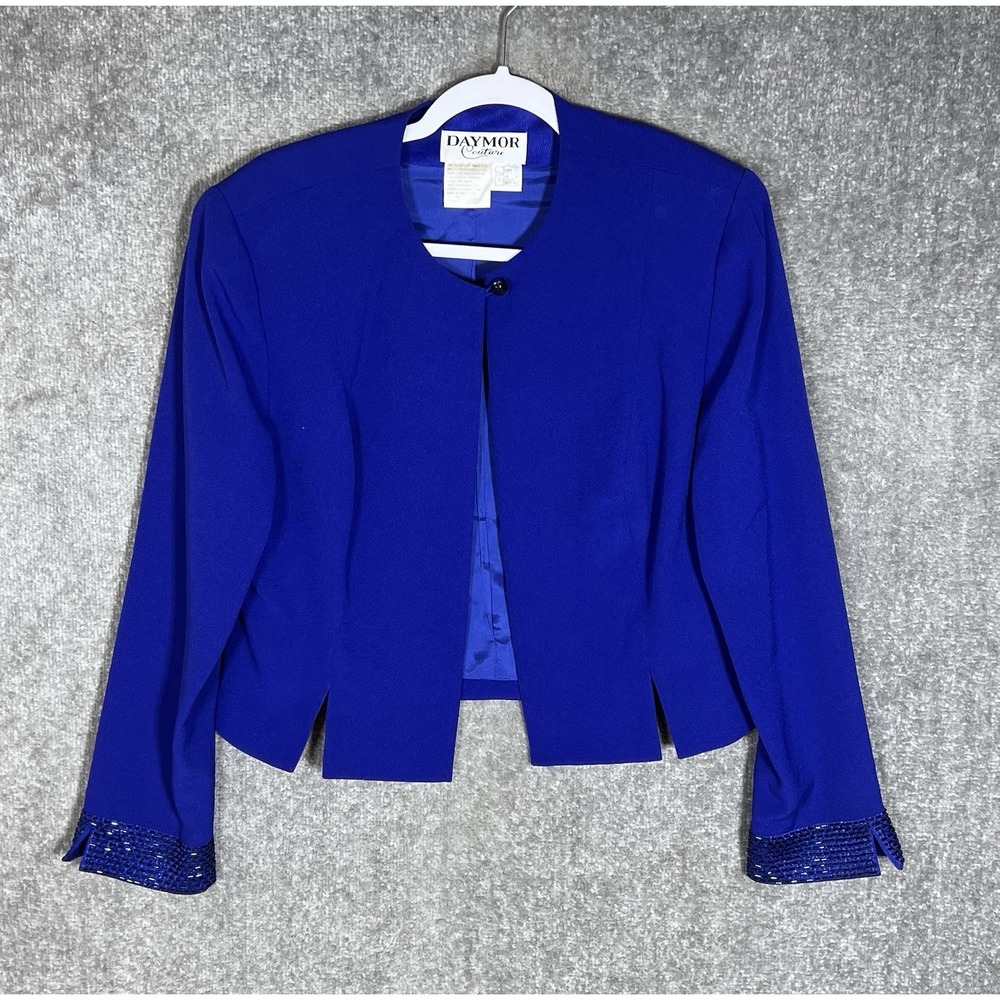 Daymor Couture One Button Cropped Evening Jacket Women Sz 12 Blue Beaded Cuffs